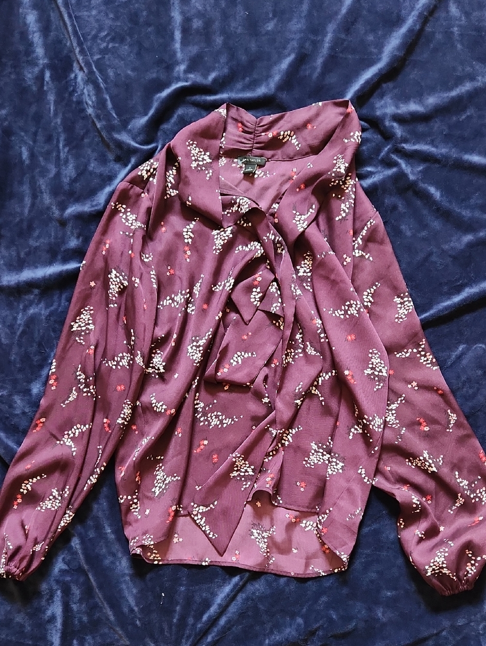 Ann Taylor Plum Floral Ruffle Tie-Neck Blouse - Picture 1 of 2